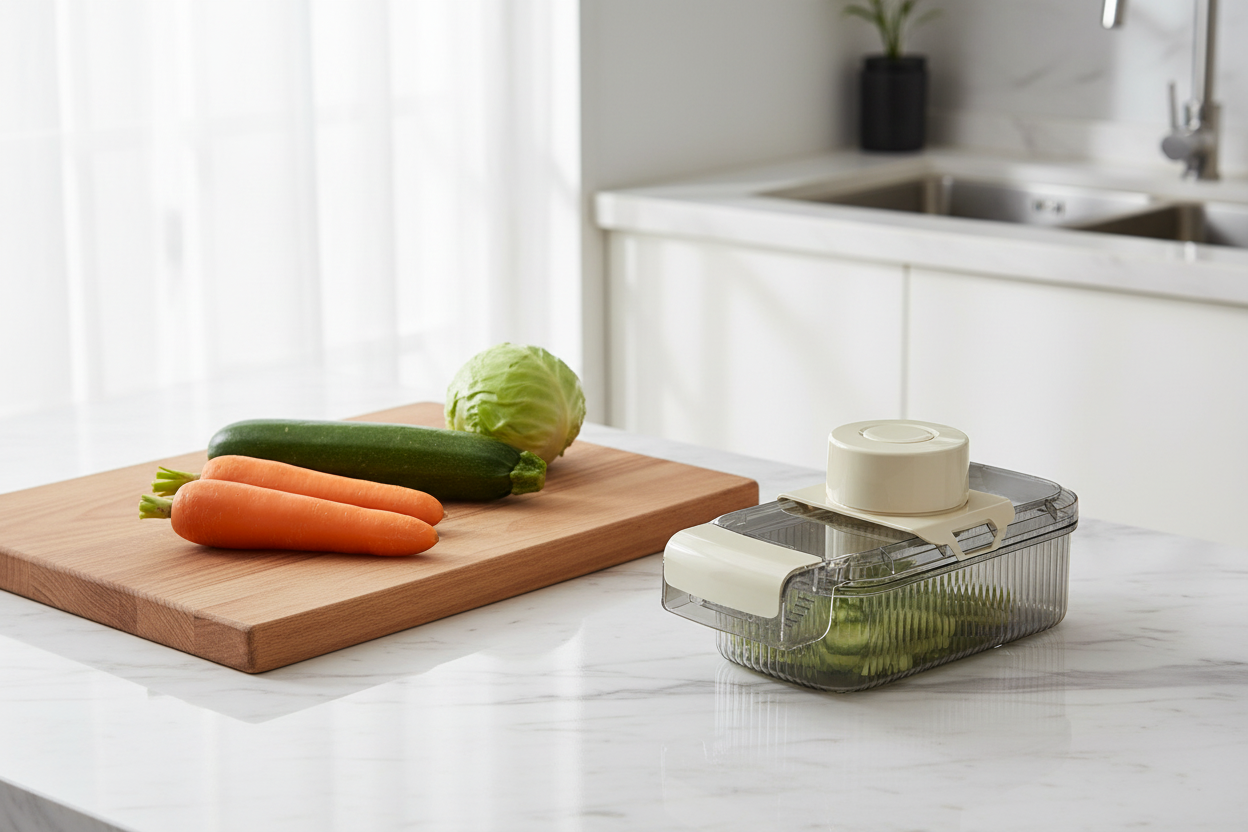 PrepPro chopper on a marble counter next to whole vegetables for scale