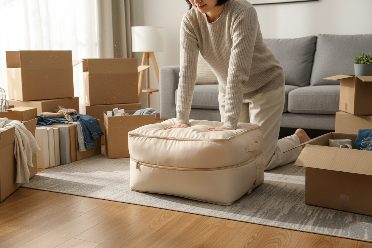 Person pressing down the lid of a full beige Loft bag among moving boxes