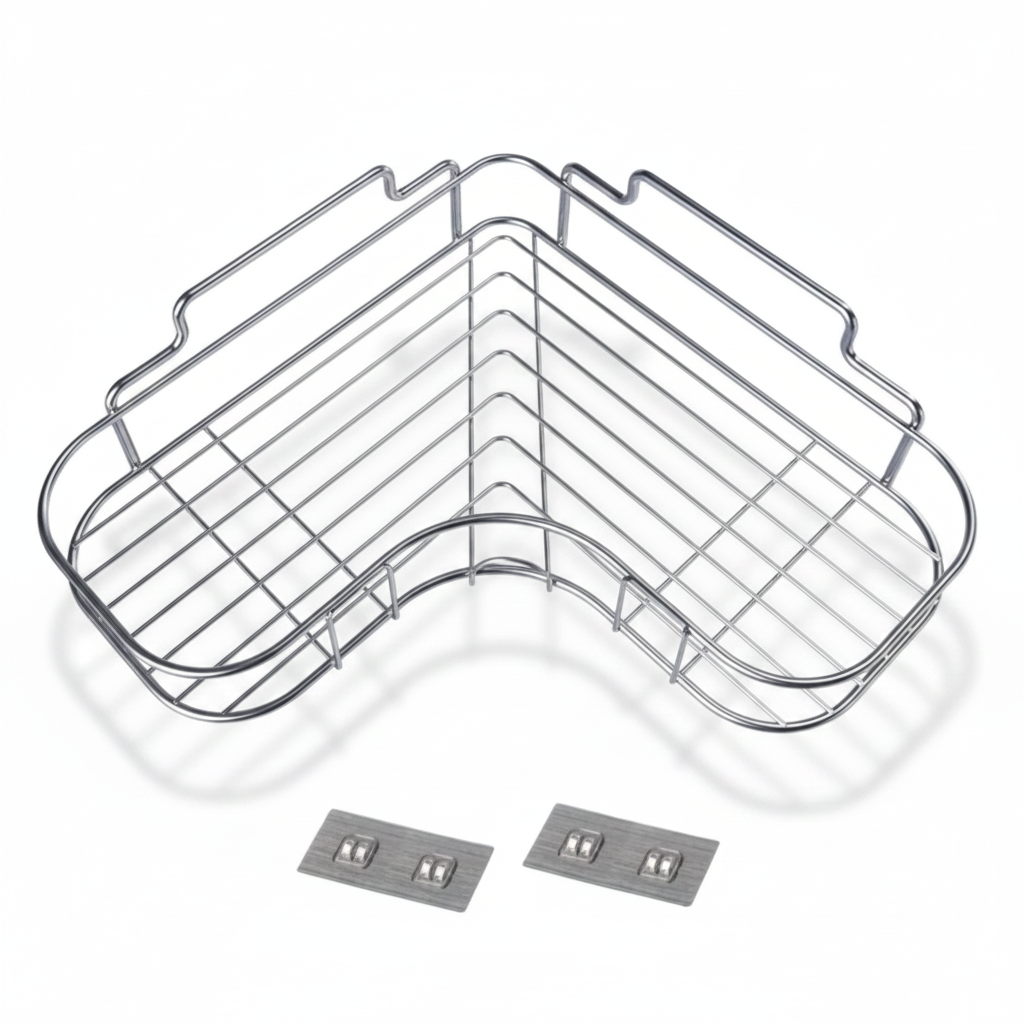 Cove corner caddy shown alone in chrome wire, with its two adhesive wall plates