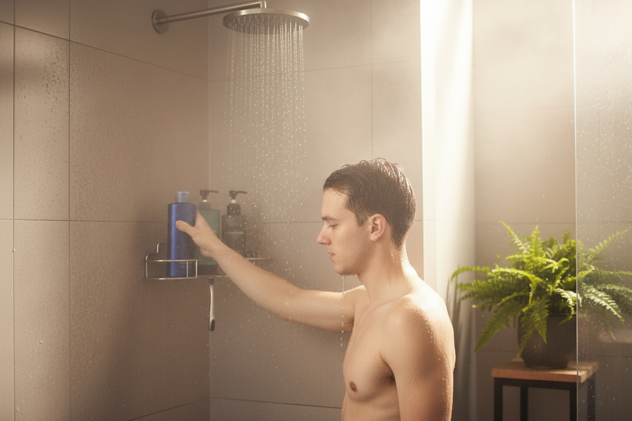 Man reaching for a bottle on the Cove corner caddy in a running shower