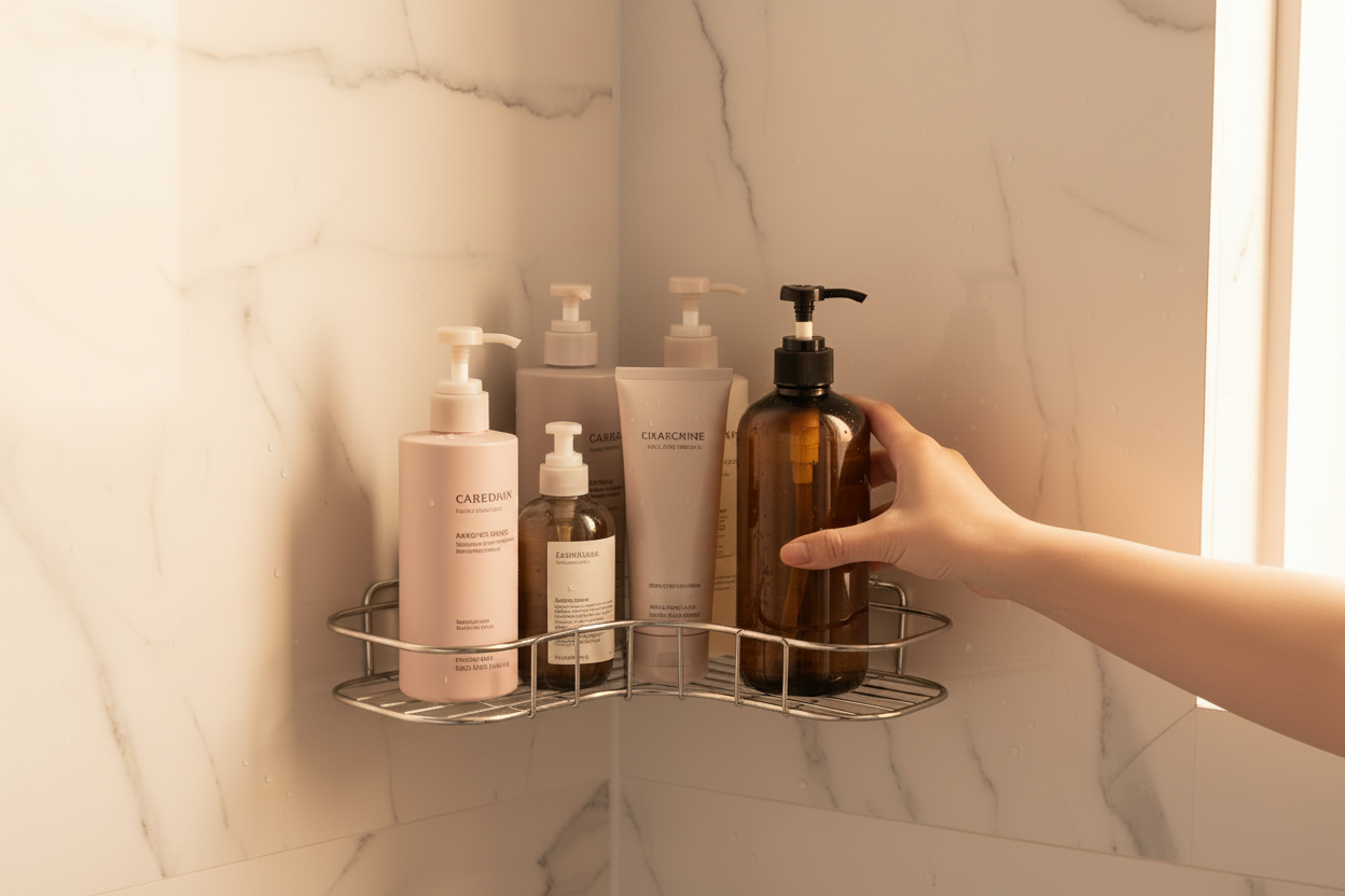 Cove corner caddy holding skincare bottles, lit in warm light