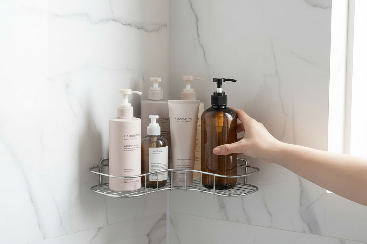 Hand lifting a bottle from the Cove corner caddy on a marble shower wall