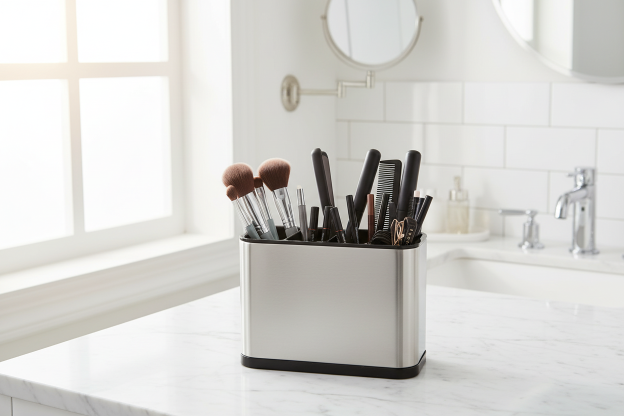 Upright holder on a bathroom counter holding makeup brushes and styling tools