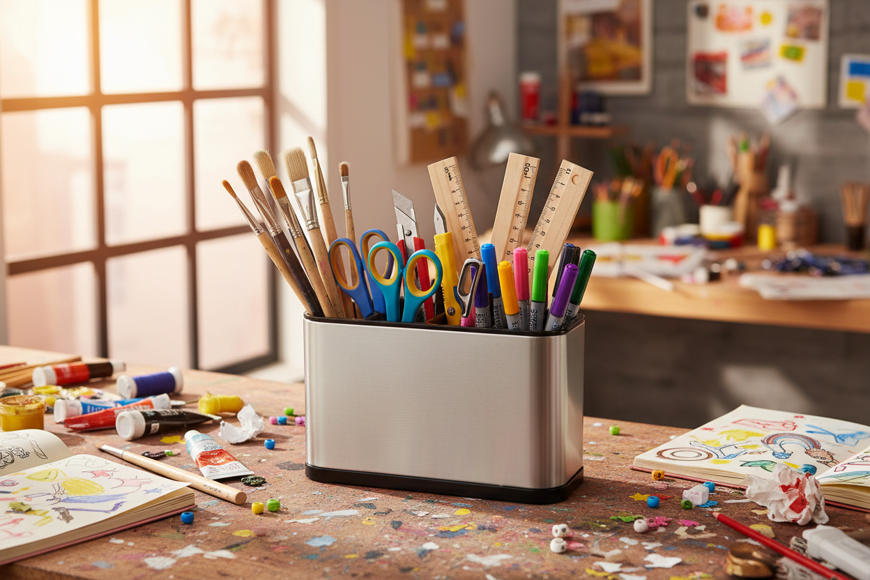 Upright holder on a craft table holding paintbrushes, markers and rulers