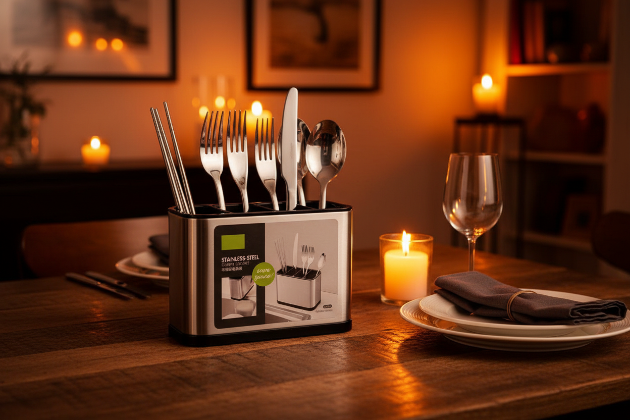 Upright cutlery holder filled with flatware on a candlelit dining table