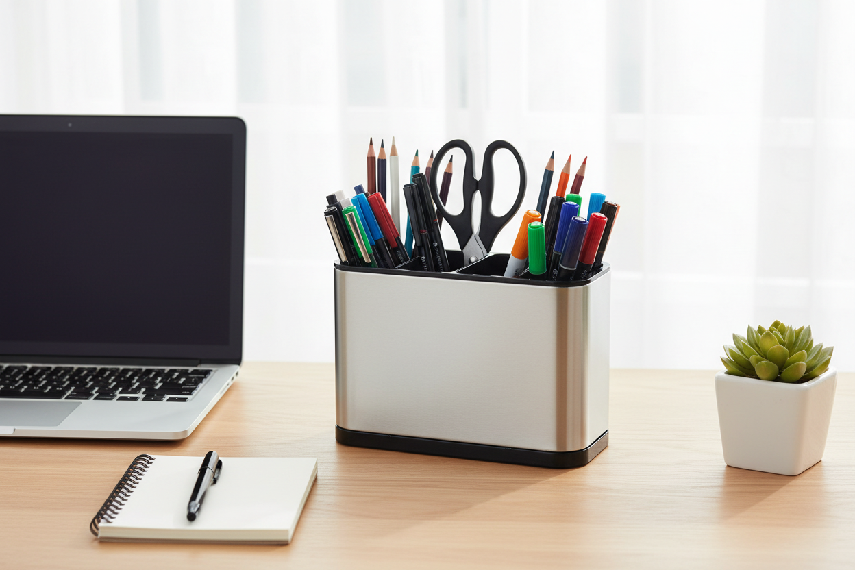 Upright holder on a desk holding pens, pencils and scissors