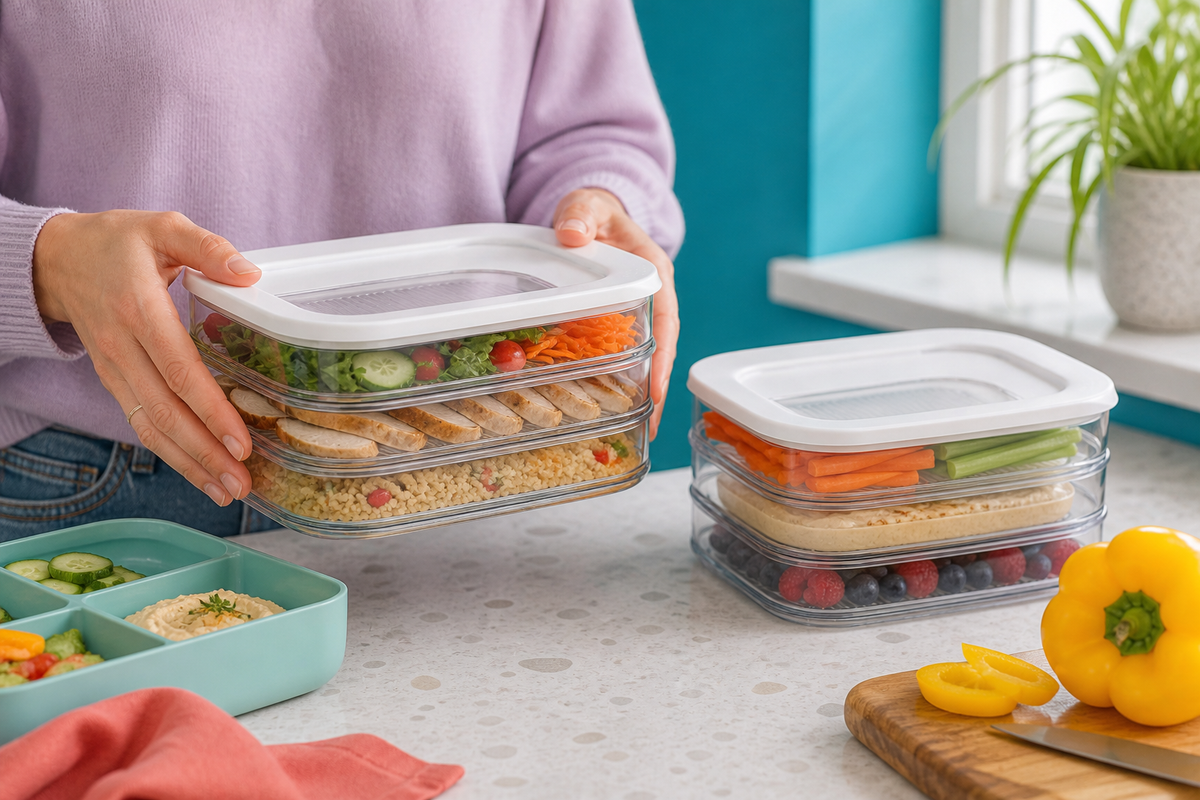 Adult carrying one DeliKeep food stack beside the second stack during lunch preparation