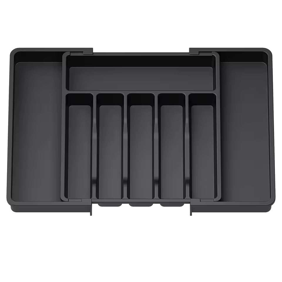 DrawerEase expandable cutlery organizer in black, shown empty