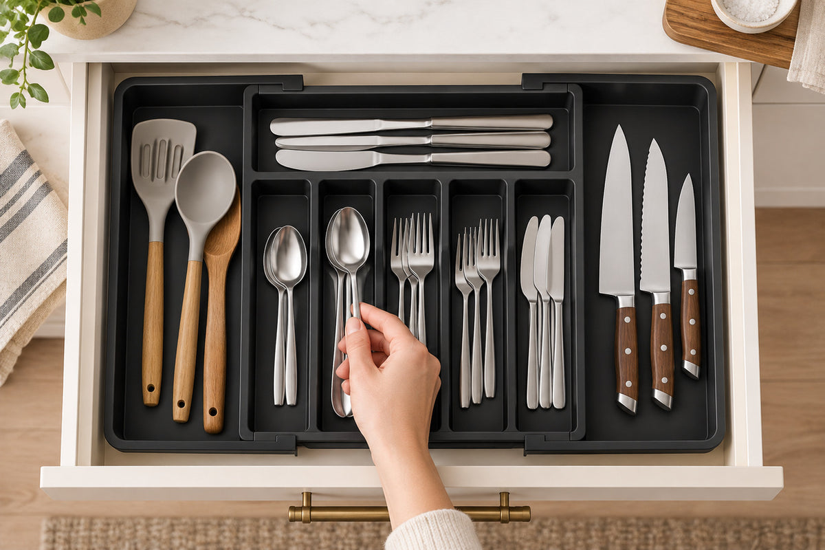 A hand selecting a spoon from DrawerEase in a cream kitchen drawer