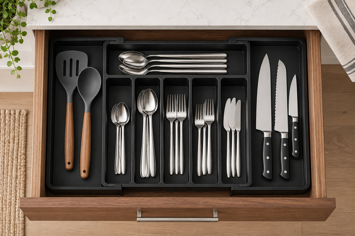 DrawerEase organizing everyday cutlery in an open walnut kitchen drawer