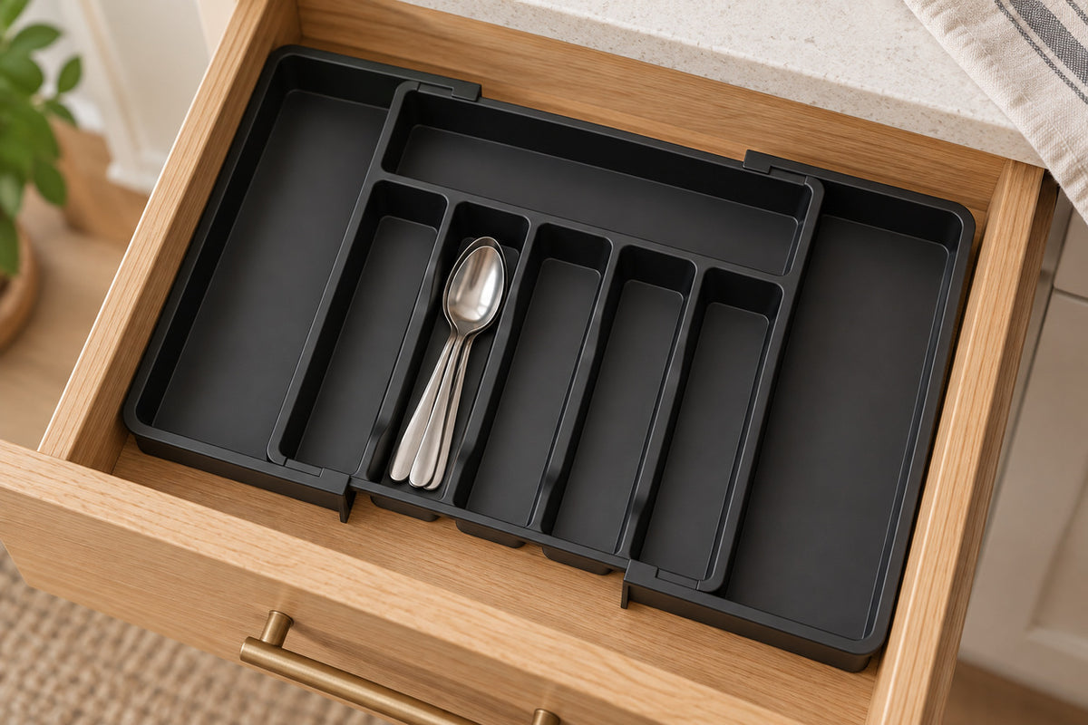 Close view of DrawerEase molded sliding rail and cutlery channels