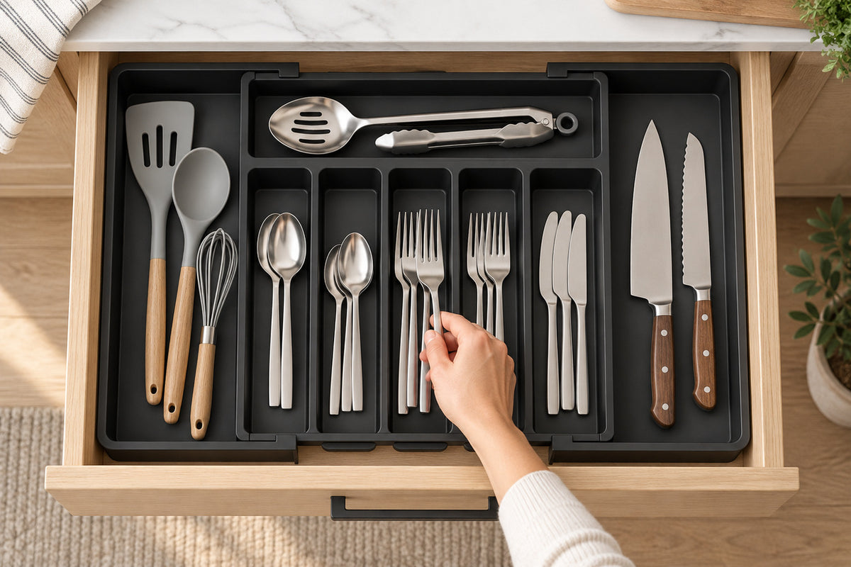 A hand placing a fork into DrawerEase while organizing a kitchen drawer