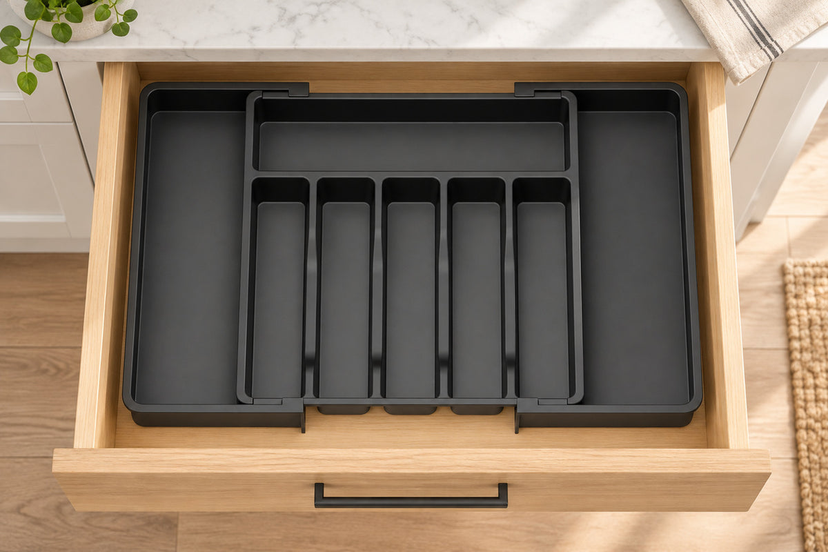 Empty DrawerEase eight-compartment organizer fitted in an oak kitchen drawer