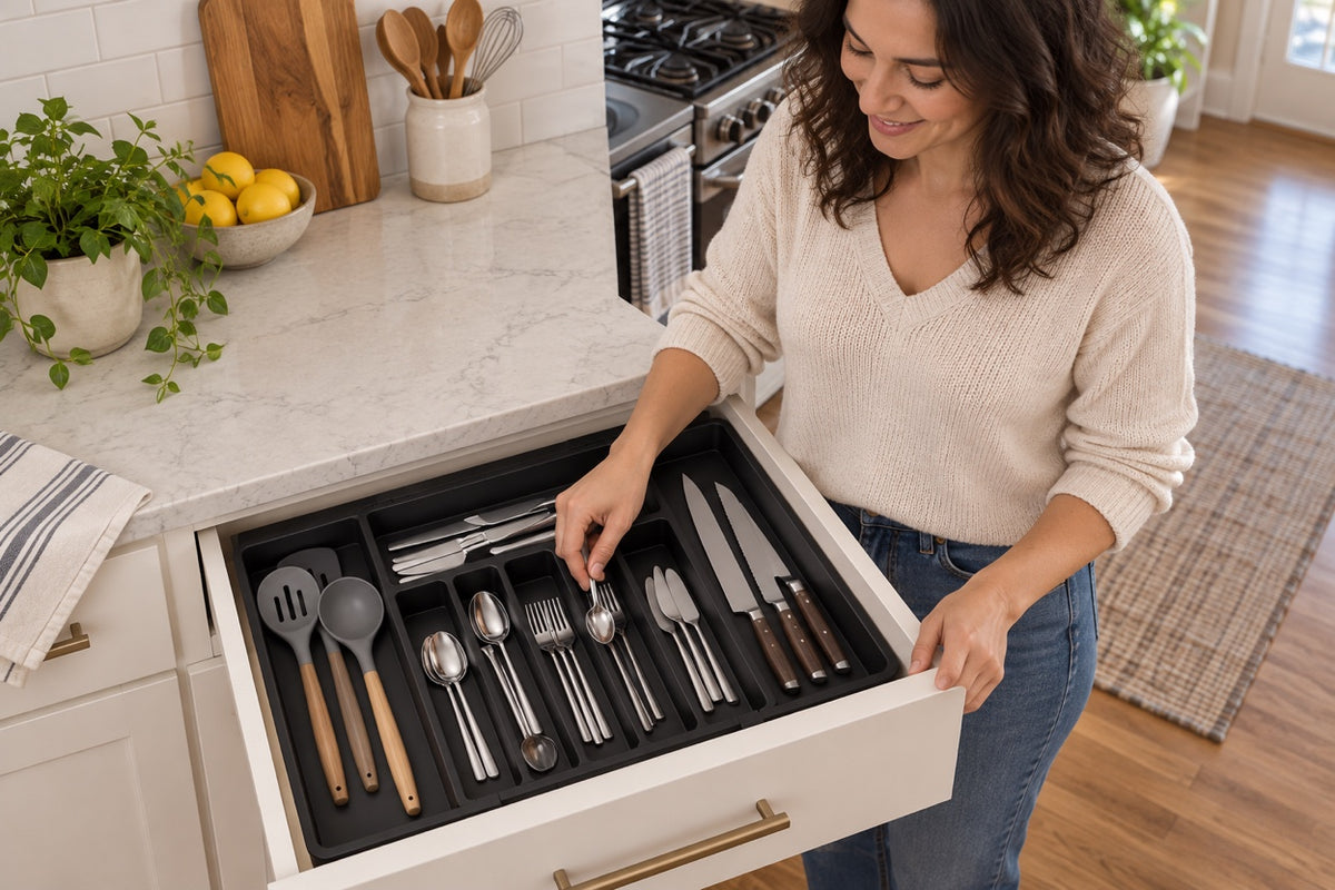 AI-generated household scene of a woman returning flatware to DrawerEase in a kitchen drawer.