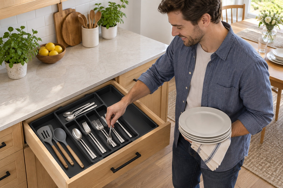 AI-generated household scene of a man selecting a fork from DrawerEase in a kitchen drawer.