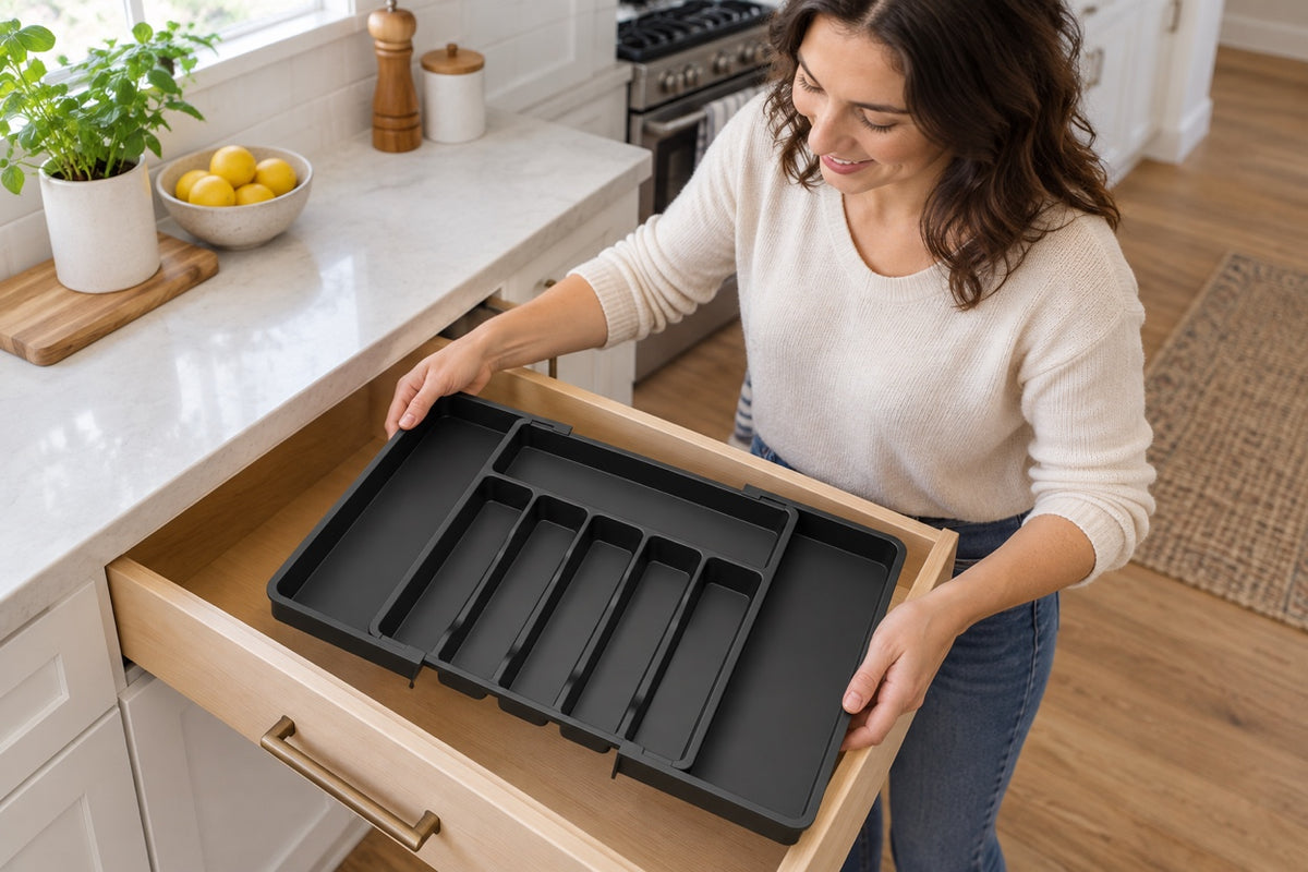 AI-generated household scene of a woman fitting an empty DrawerEase organizer into a kitchen drawer.