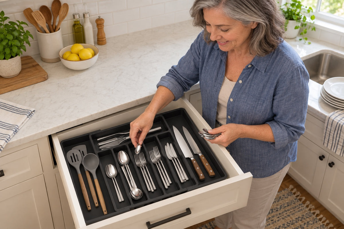 AI-generated household scene of a woman putting clean teaspoons into DrawerEase in a kitchen drawer.