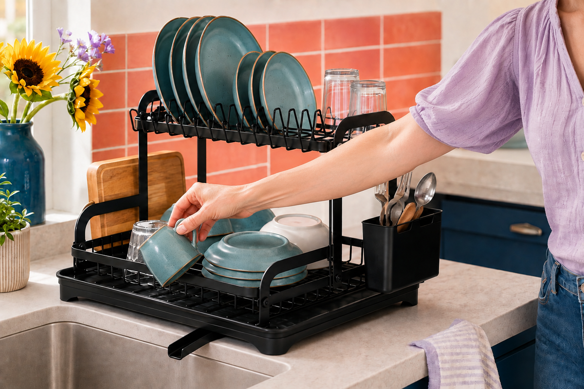 Placing a teal mug in DryTier's lower basket