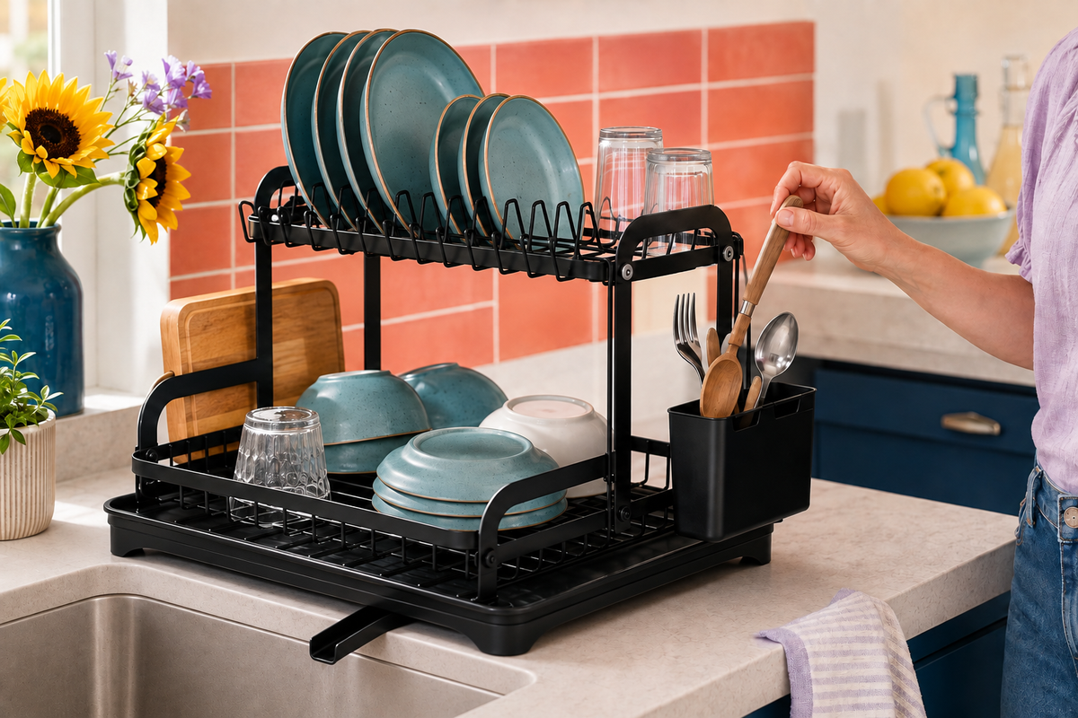 Returning utensils to DryTier with its drainage spout over the sink
