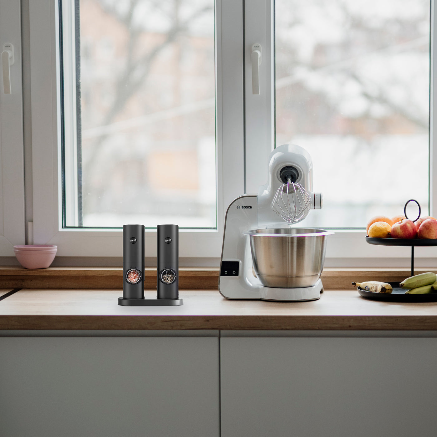 DuoMill grinders on a modern kitchen counter