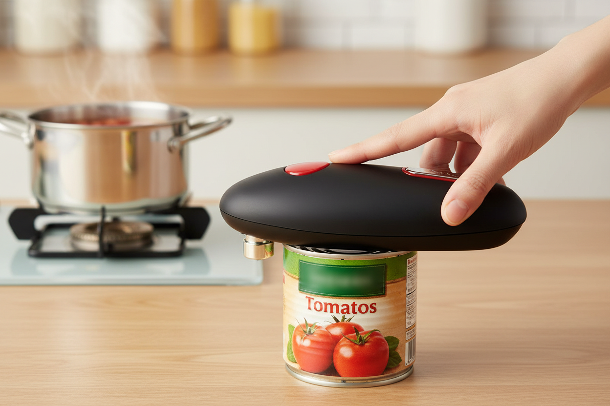 Thumb pressing the red button on the TwistFree can opener on a tin of tomatoes