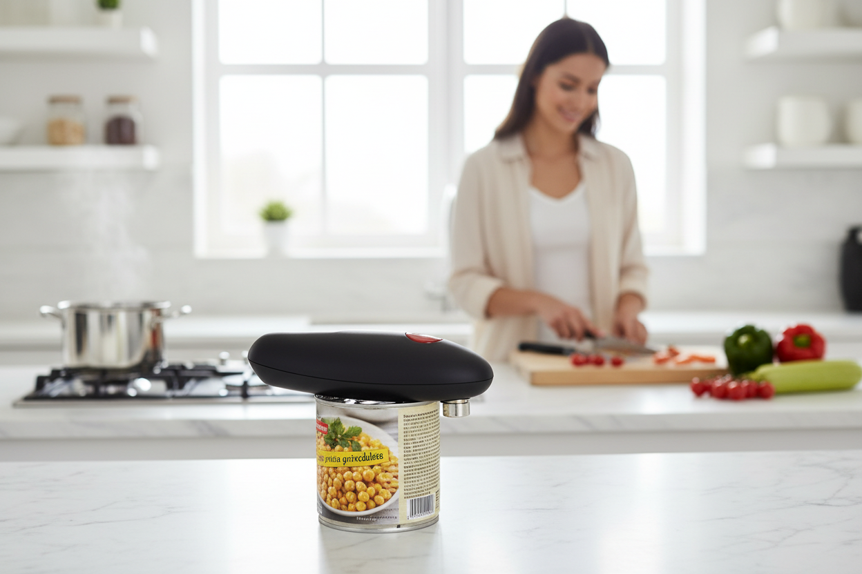 TwistFree can opener working on a can of corn on a kitchen island