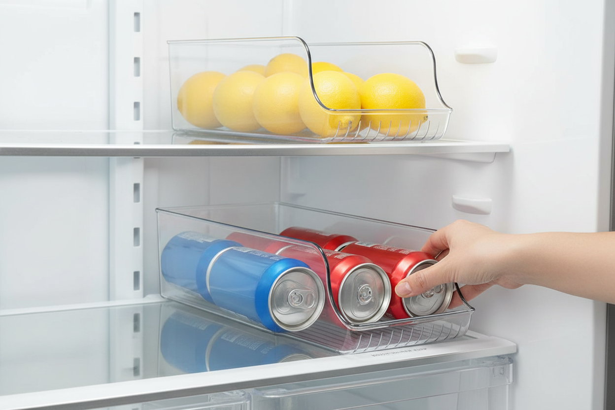 Close-up of FreshStack bins in a fridge holding lemons and canned drinks