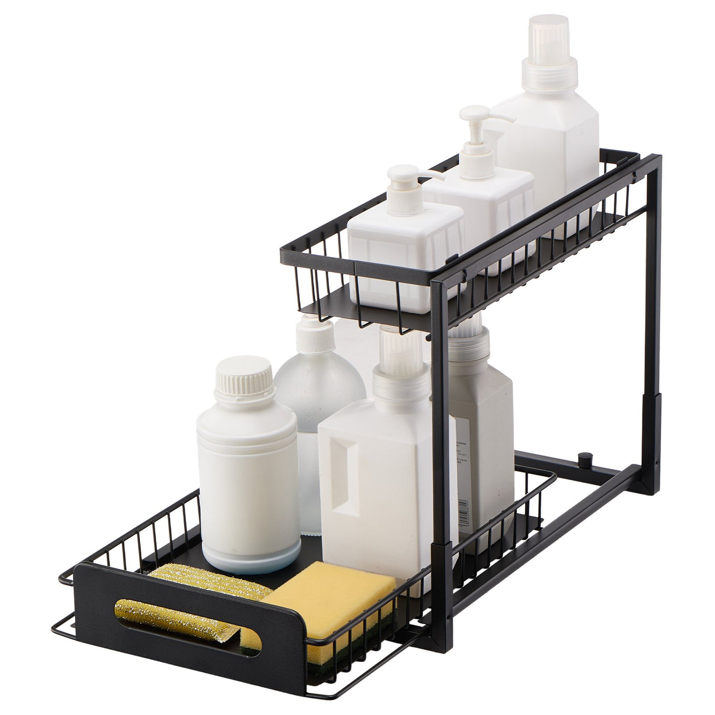 Basin two-tier organizer in black steel with the lower drawer pulled out, holding bottles and a sponge