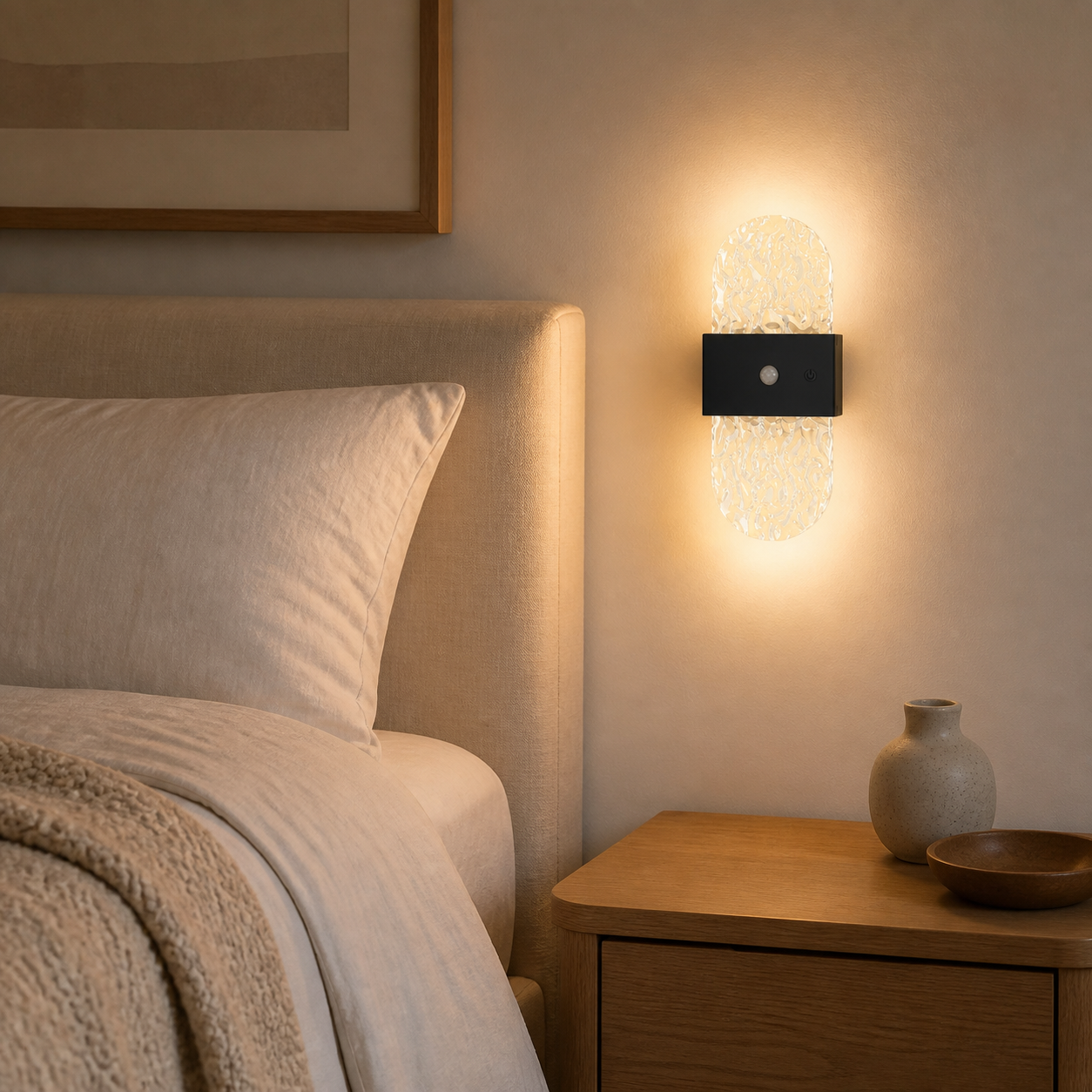 Facet Black Oval motion-sensor wall light beside a modern bed