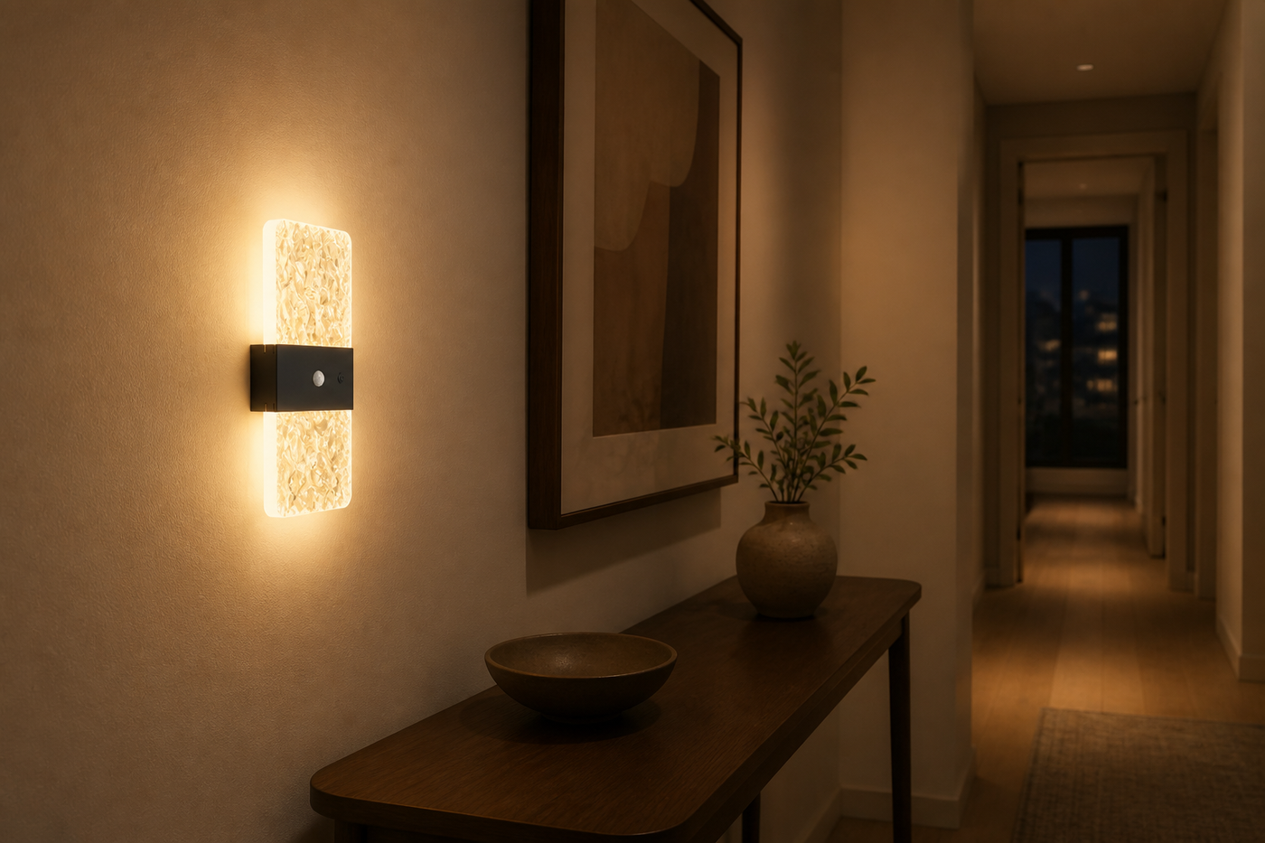 Black rectangular Facet motion-sensor wall light illuminating a warm apartment hallway