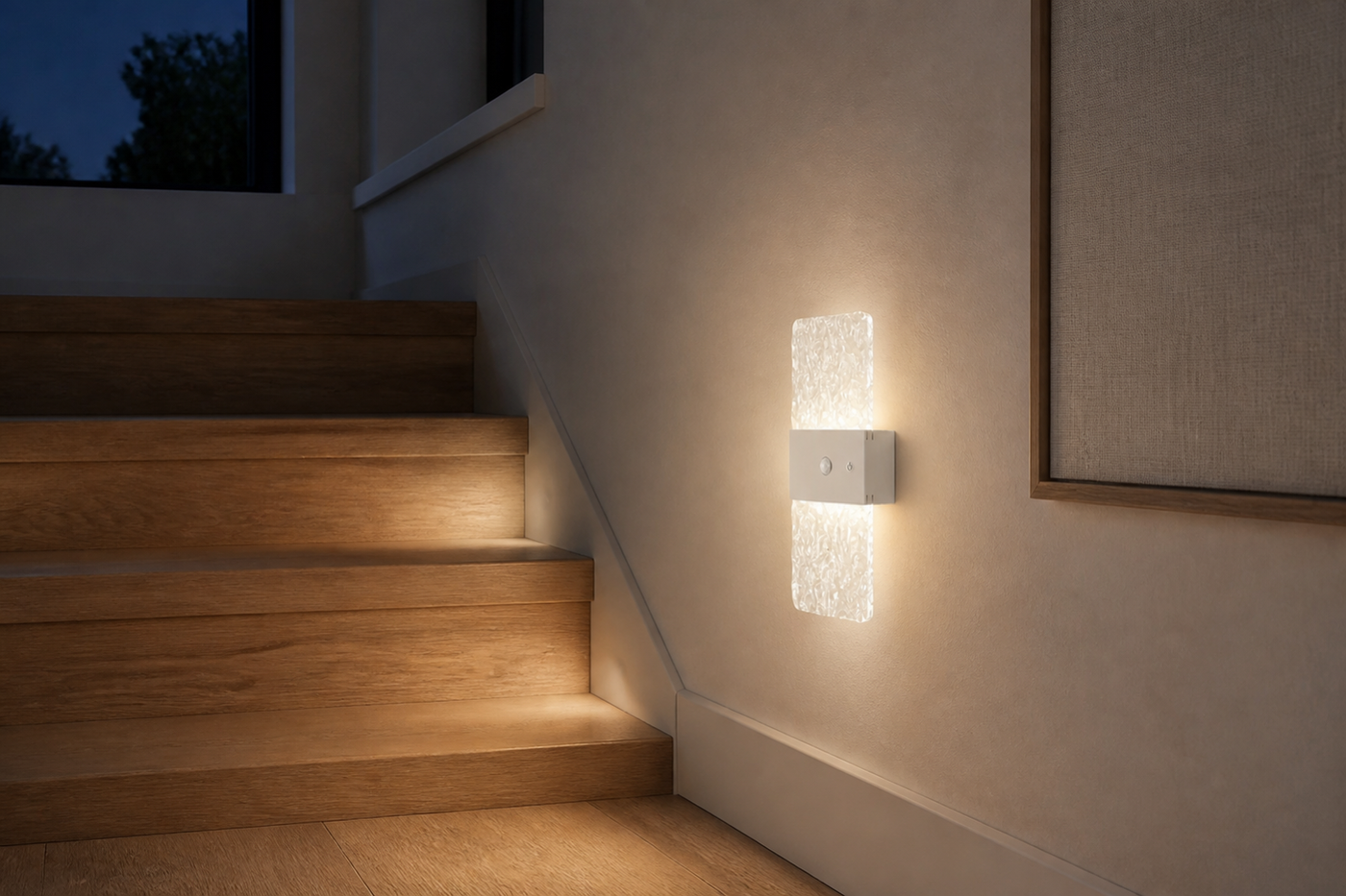 White rectangular Facet motion-sensor wall light illuminating a contemporary stair landing