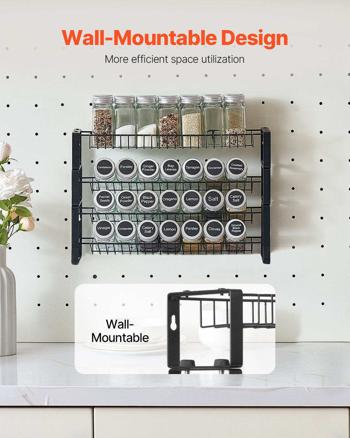 Wall-mountable design — Savor spice rack mounted on a pegboard wall, with the keyhole bracket shown below