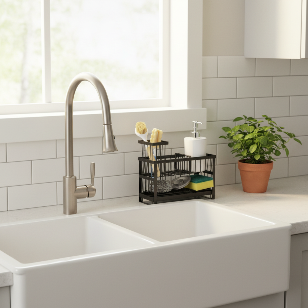 Cascade sink caddy holding brushes and a soap pump beside a white farmhouse sink