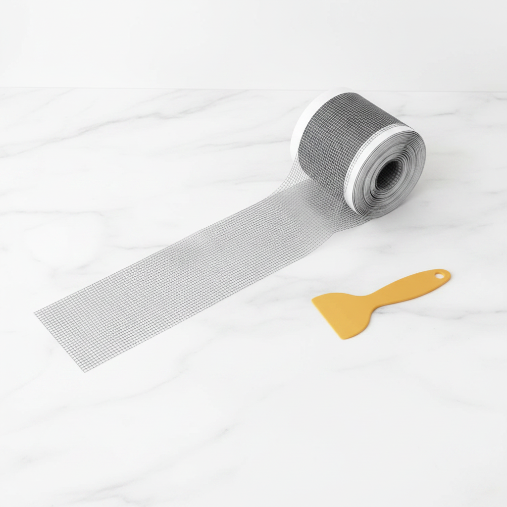 Roll of MeshGuard adhesive drain mesh laid flat with a cut section beside it