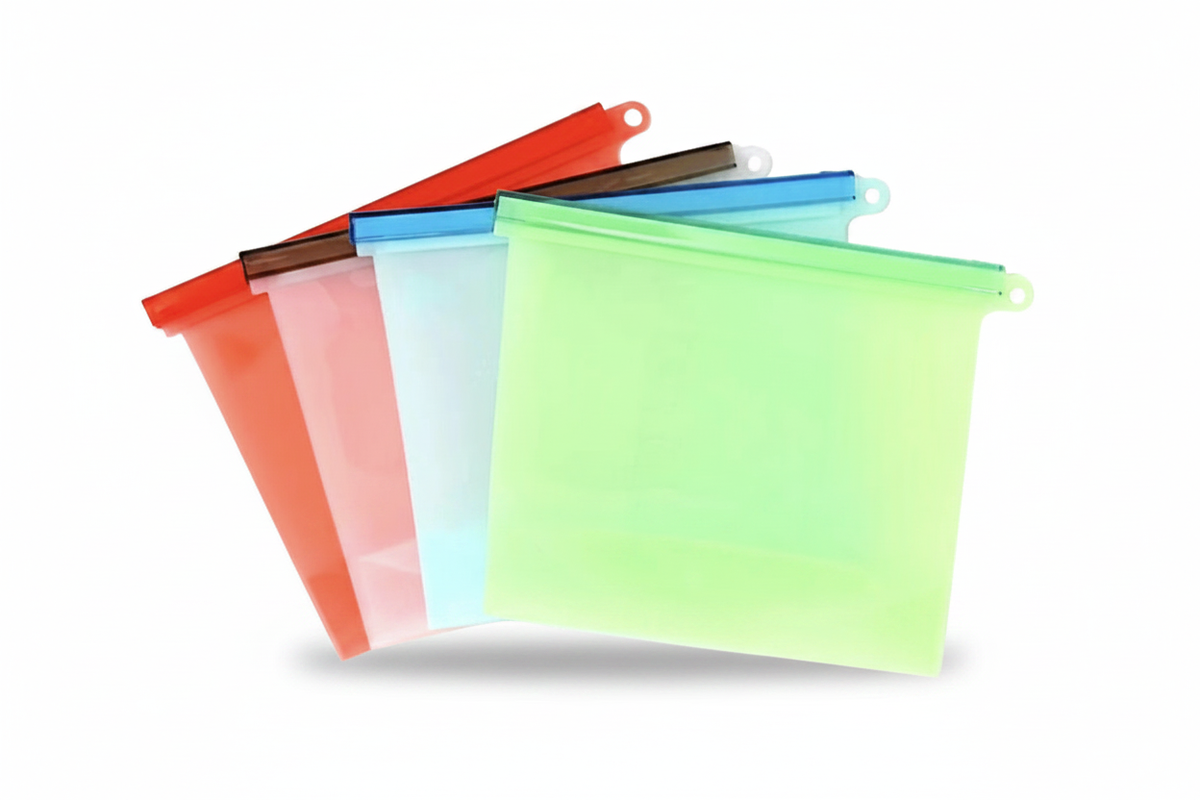 Four silicone bags fanned out