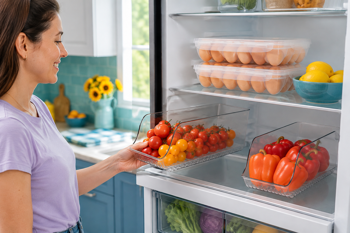 Pulling out a produce bin from the Fridge Reset bundle