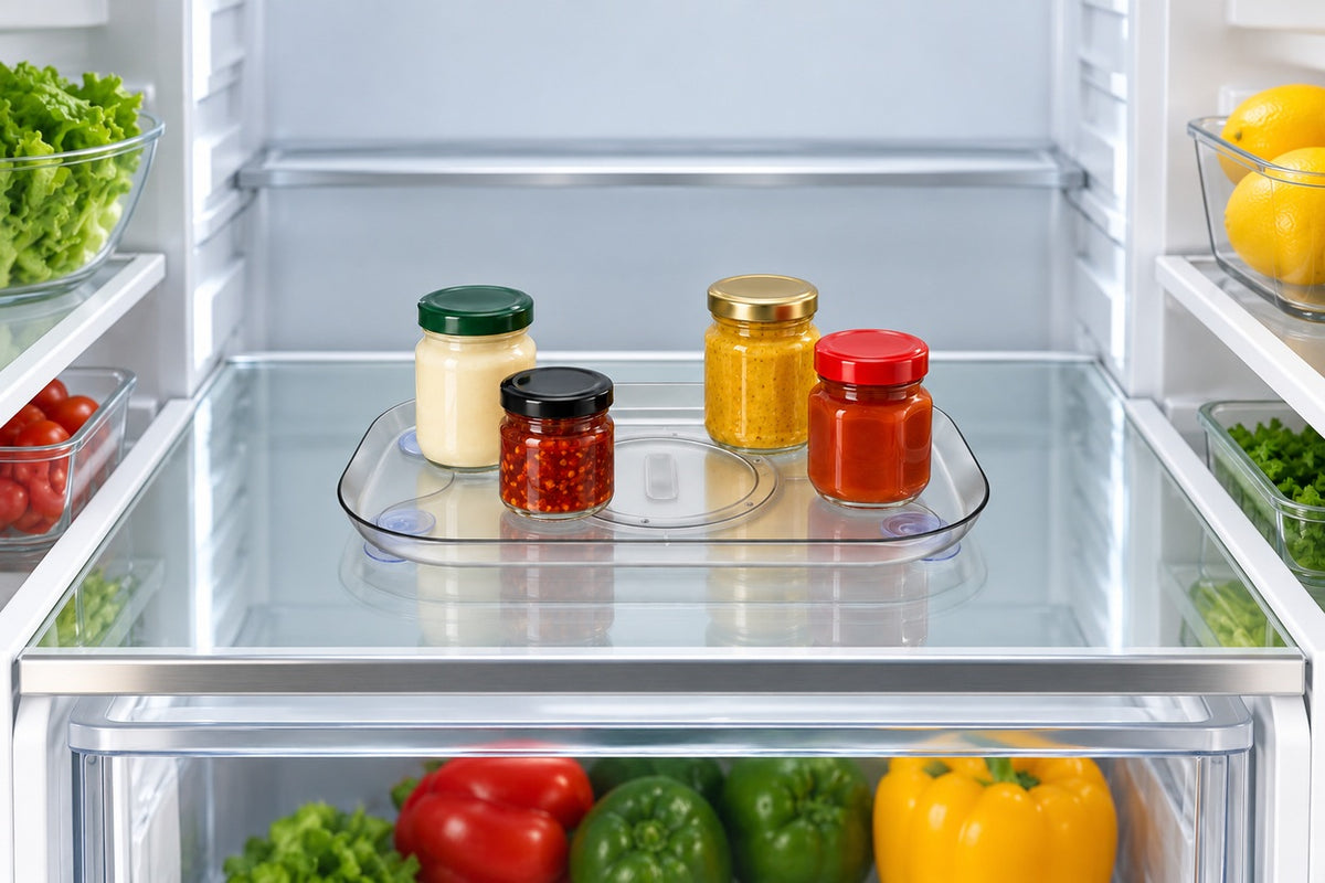 FridgeGlide clear turntable holding four condiment jars on a refrigerator shelf; jars not included