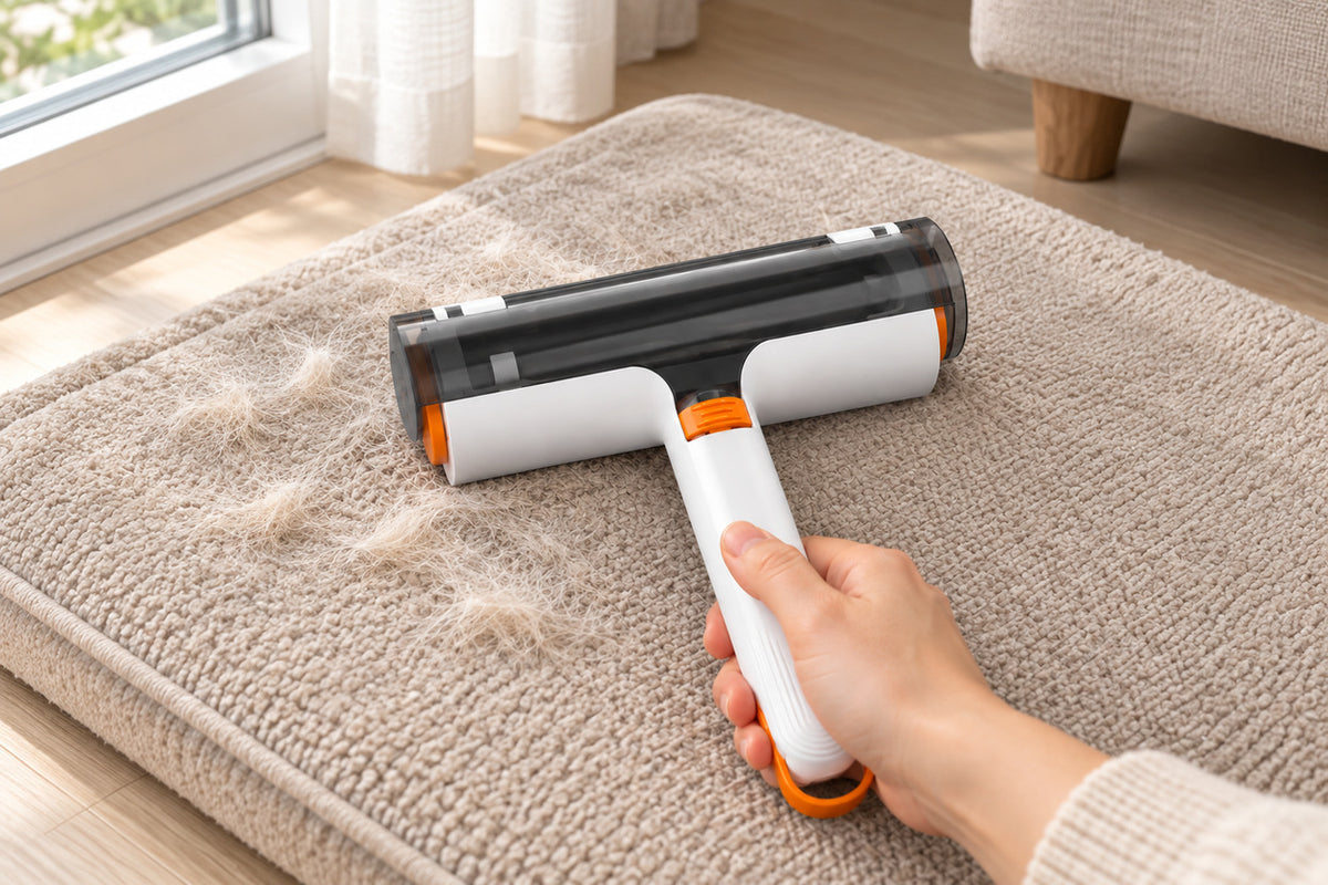 Hand using Furlift reusable pet-hair roller on a dry fabric pet mat