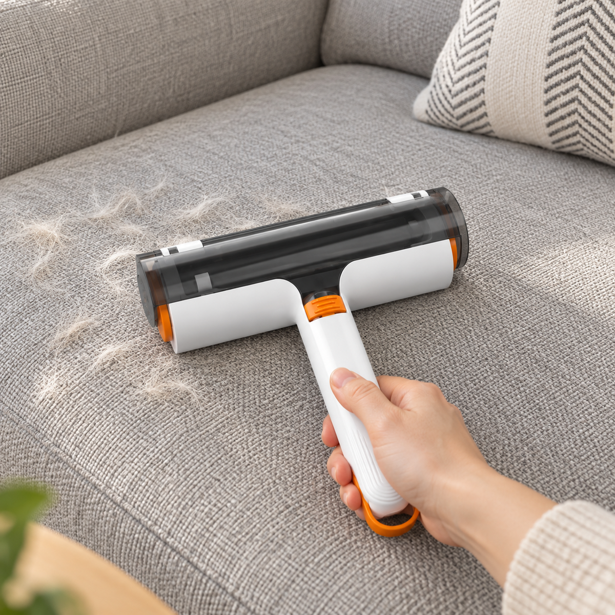Hand guiding the Furlift pet-hair roller across a light gray sofa cushion