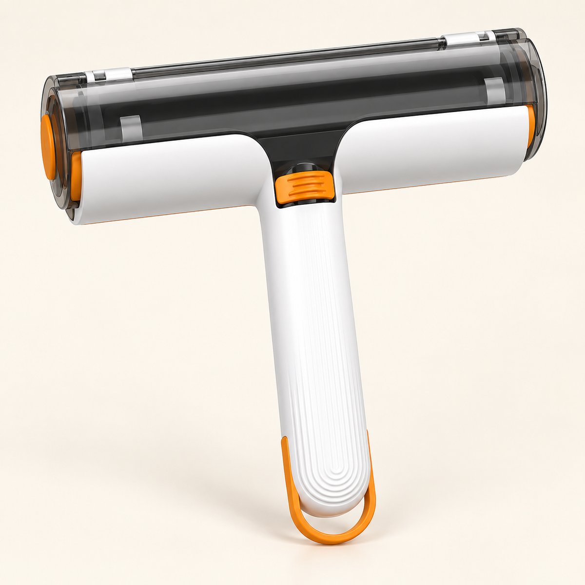 Furlift reusable pet-hair roller in white, charcoal, and orange on a warm studio background