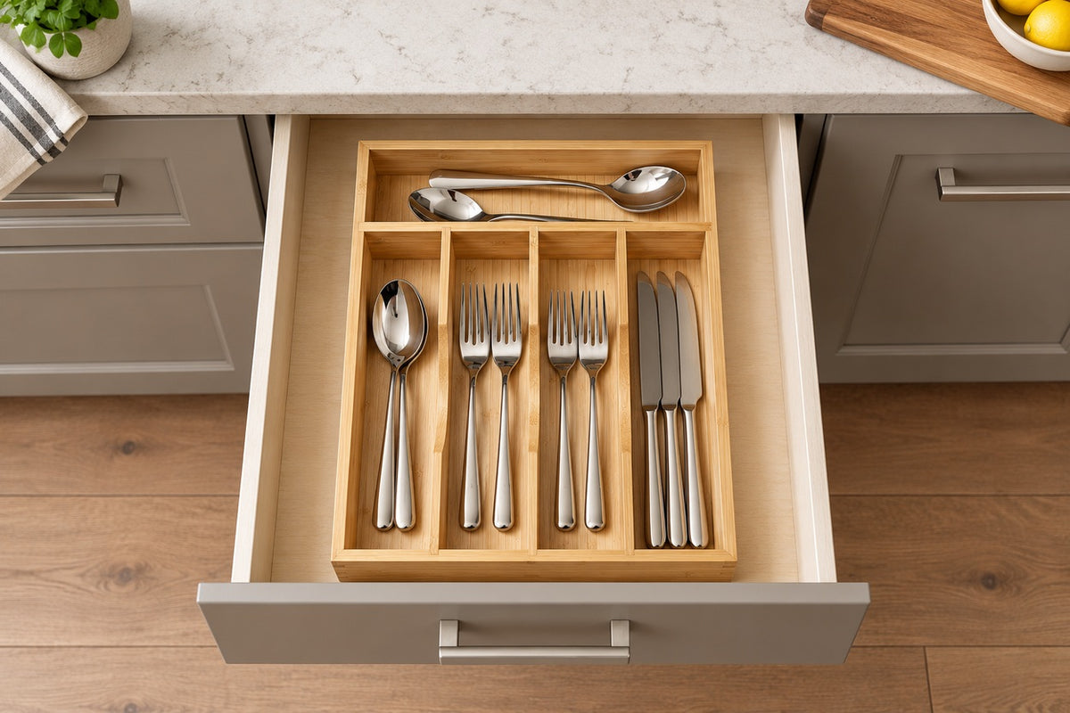 GrainNest five-compartment bamboo organizer holding cutlery inside an open kitchen drawer; cutlery not included
