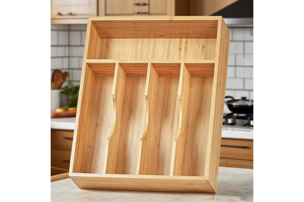 GrainNest supplier photograph showing the selected five-compartment bamboo tray standing on a kitchen counter