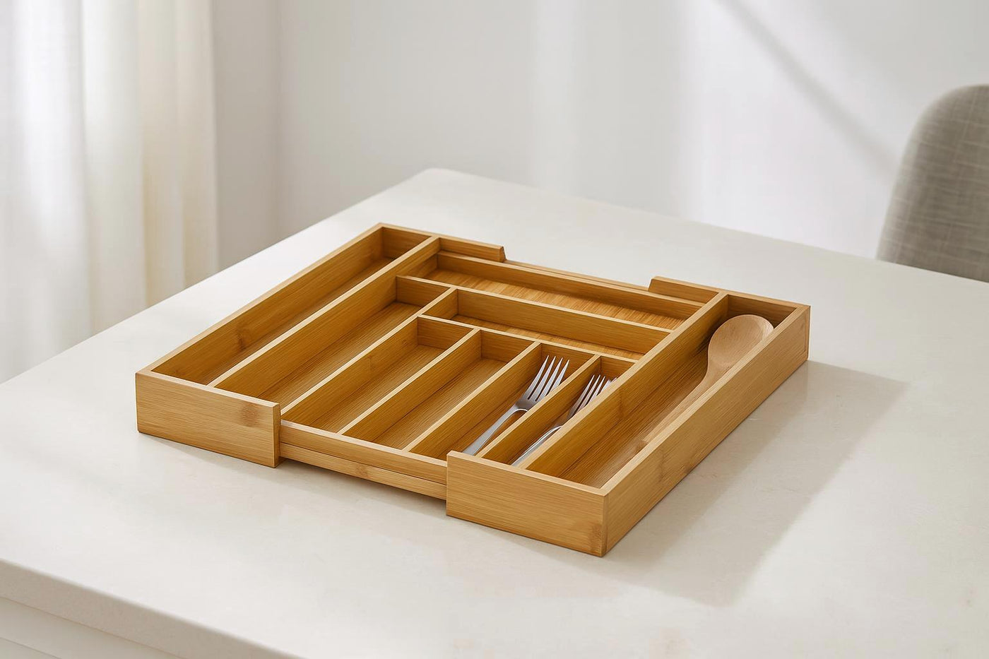 Zunlo enhanced product photograph - GrainSort Bamboo Drawer Organizer