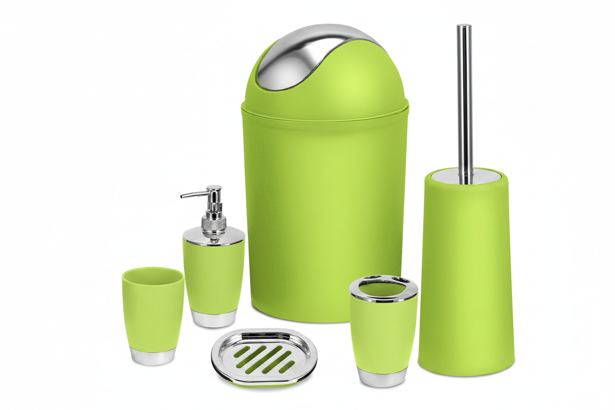 Suite six-piece bathroom set in green — waste bin, toilet brush, soap dispenser, tumbler, toothbrush holder and soap dish