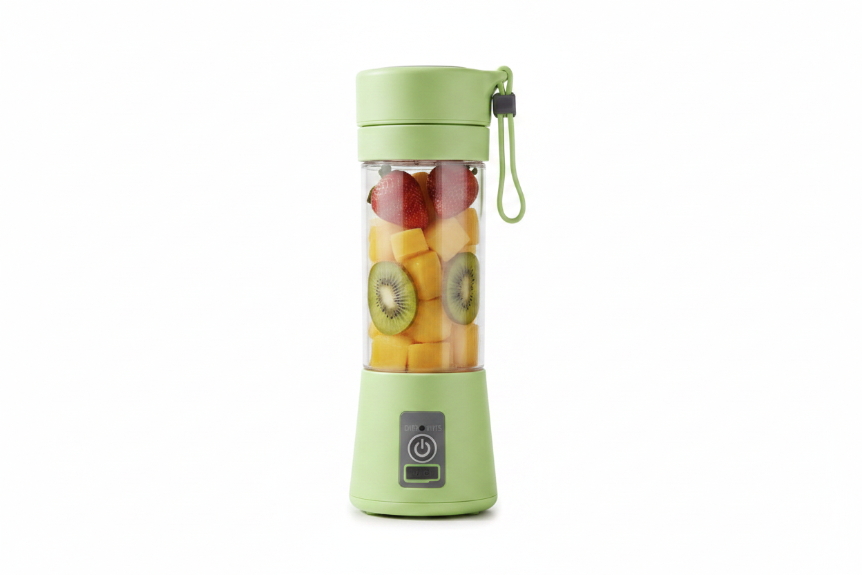 Whirl portable blender in green, filled with fruit, on a white background