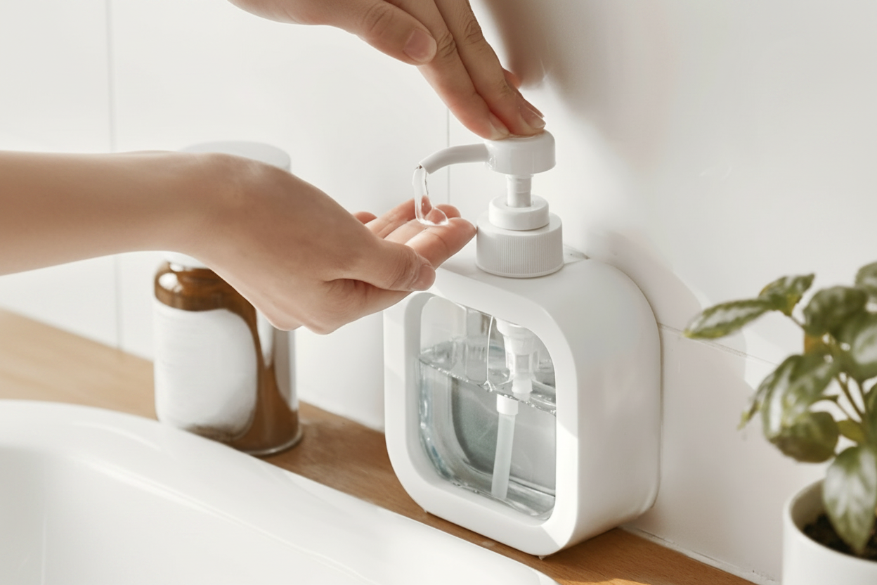 Hand pumping soap dispenser on bathroom shelf