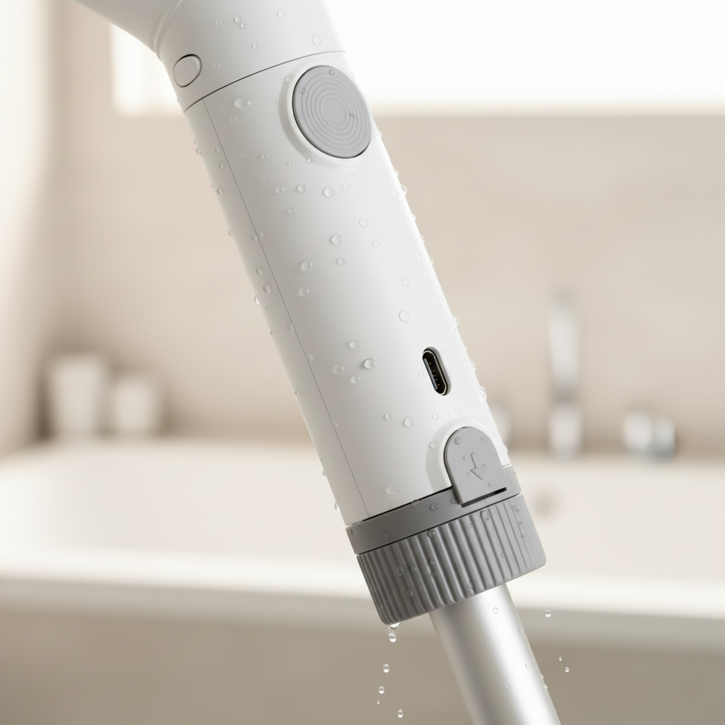 Close-up of the CleanReach handle showing the power button and twist-lock collar, wet with water
