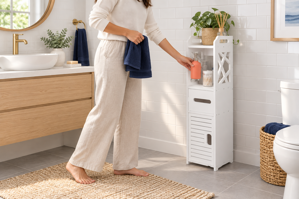 HavenTall storage tower as a woman places toiletries on the open shelf