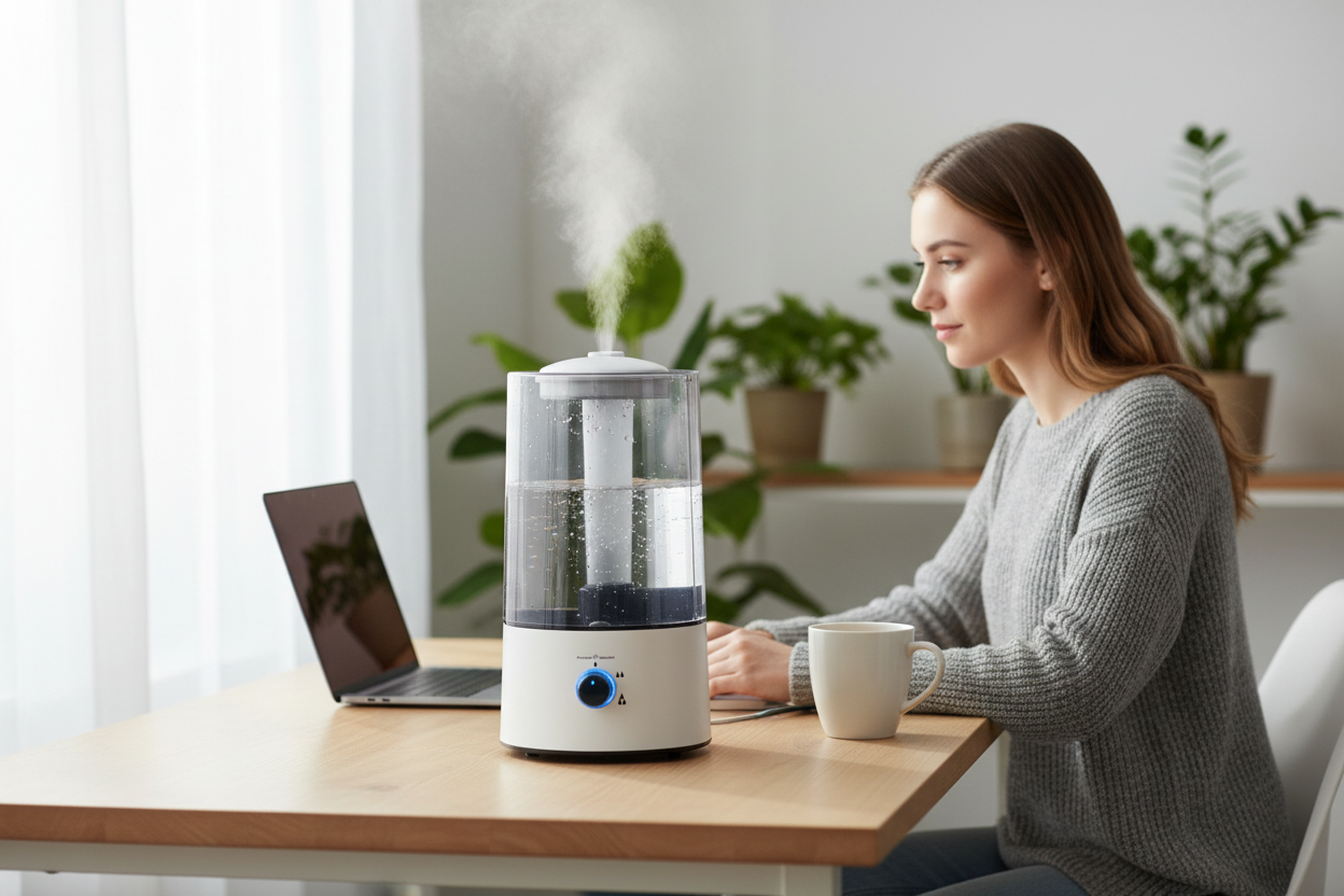 HushMist humidifier running on a home-office desk beside a monitor