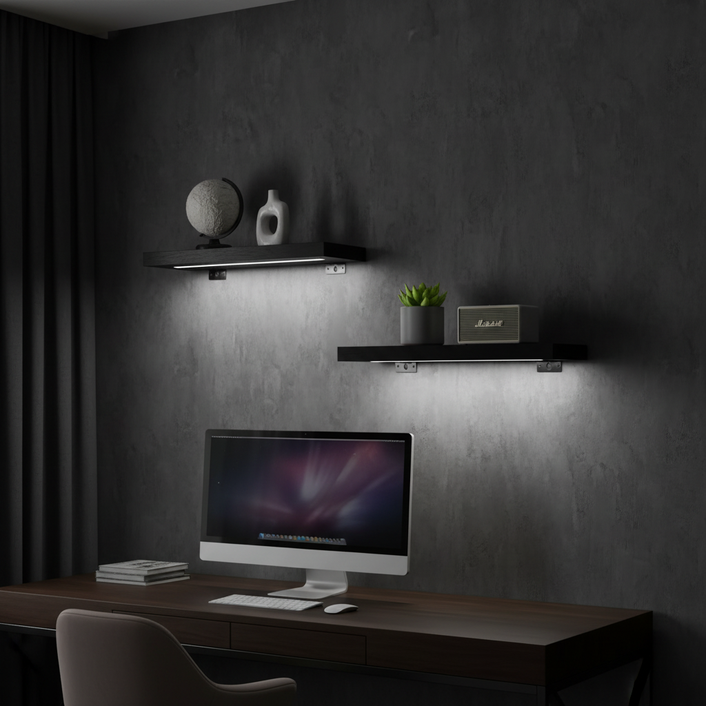 Two Halo LED shelves glowing above a desk in a dark home office